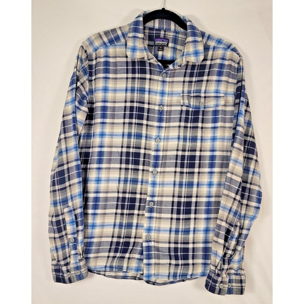 Patagonia Shirt Mens M Blue Gray Plaid Organic Cotton Button Flannel Outdoors